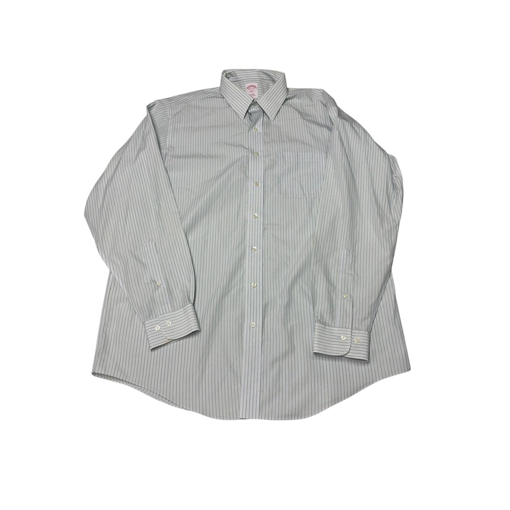 Brooks Brothers‎ 346 Mens Green White Striped Non-Iron Dress Shirt 16.5 6/7